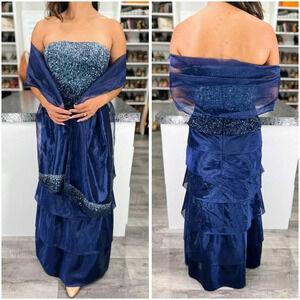 Jovani Navy Blue Sequined Strapless Tiered Formal Gown $395